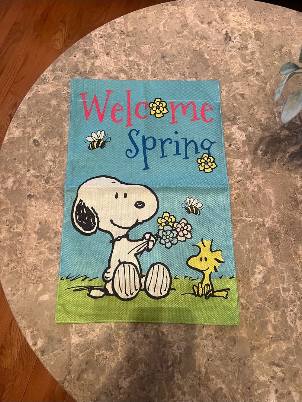 Snoopy "Welcome Spring" Garden Flag - Blue & Green